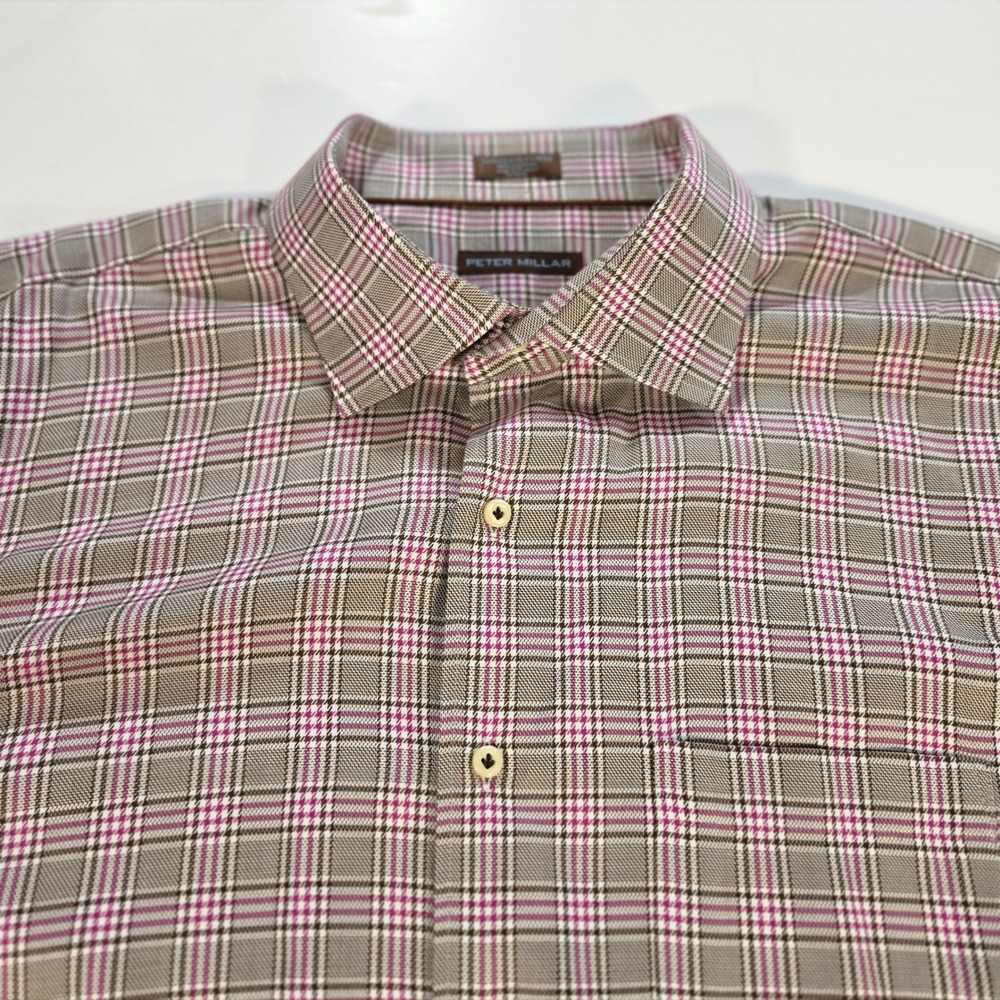Peter Millar Mens XXL 2XL Plaid Button Down Shirt Pink Brown Cotton Long Sleeve